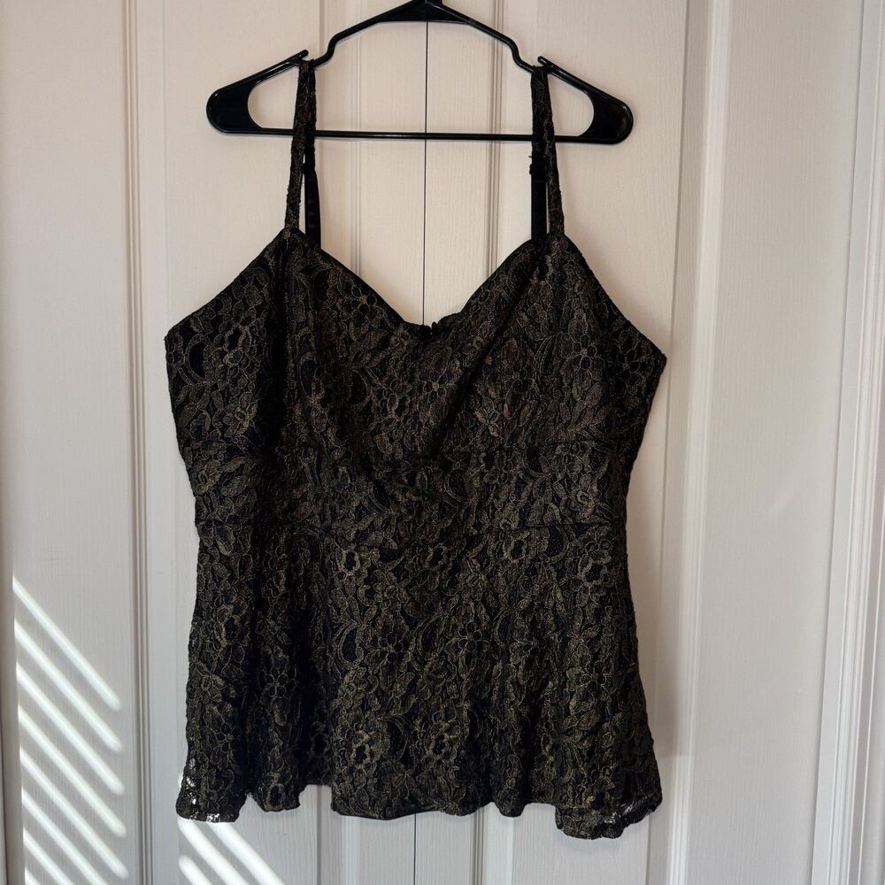 Torrid Women’s Black Babydoll Cami Peplum Top With Gold Lace Overlay Size 4